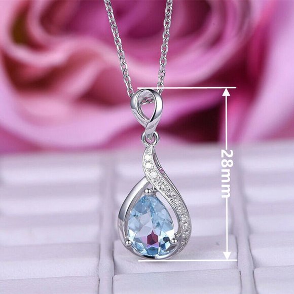 925 Sterling Silver Aquamarine Diamond Necklace - Picture 3 of 6